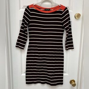 Ralph Lauren Brown & White Striped 3/4 Sleeve Dress w Orange Trim - S